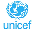 Logotipo de UNICEF con figura de niño y madre en color azul, símbolo de la infancia y bienestar.