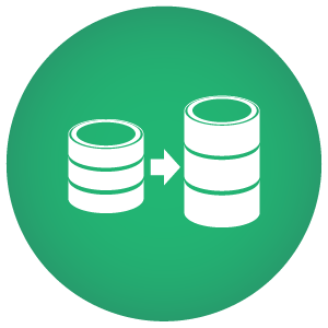 Icono que representa la migración de bases de datos con dos cilindros y una flecha.