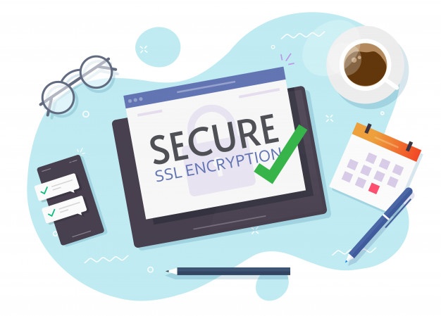 Imagen de dispositivo mostrando en pantalla la seguridad de cifrado SSL con elementos de oficina.
