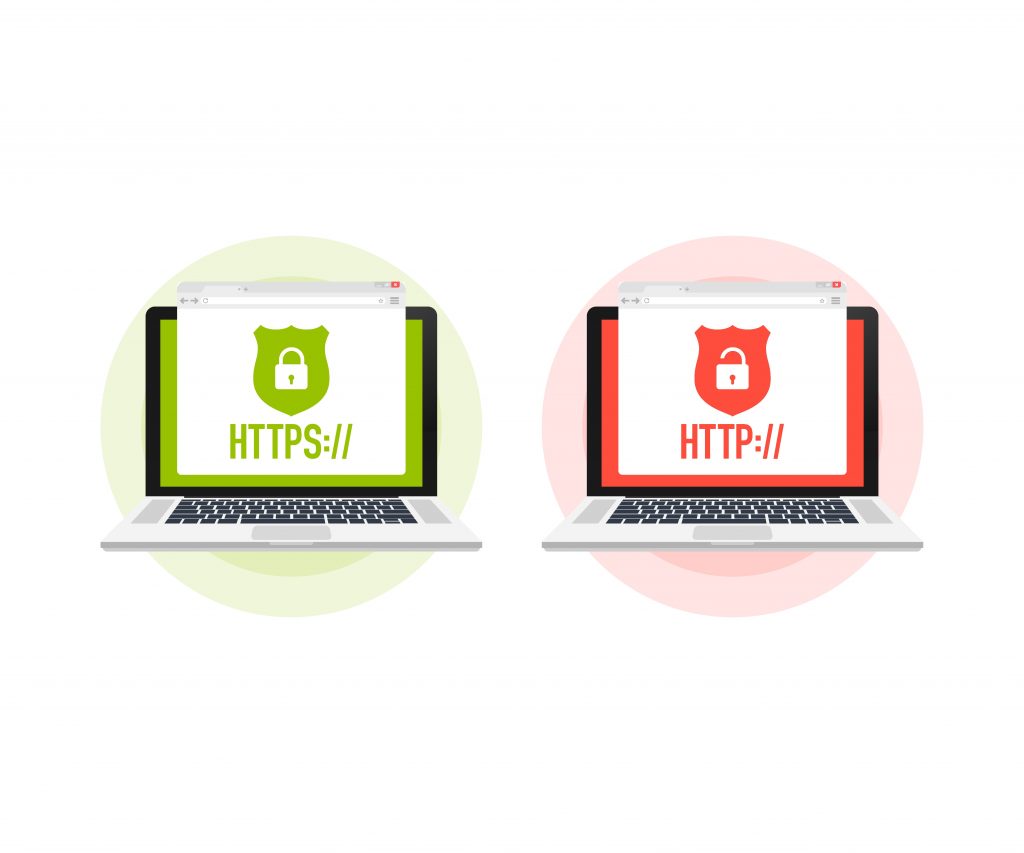 Comparativa entre conexiones seguras HTTPS y no seguras HTTP en computadoras.