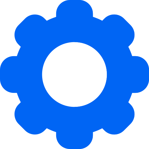 Icono de engranaje azul, simboliza configuración y ajustes en aplicaciones o sistemas.