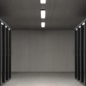 Sala de servidores con racks oscuros y luces LED, tecnología de almacenamiento avanzada.