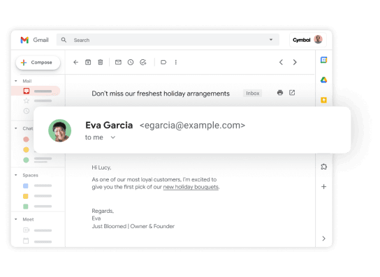 Interfaz de Gmail mostrando un correo sobre arreglos navideños y un mensaje de Just Bloomed.