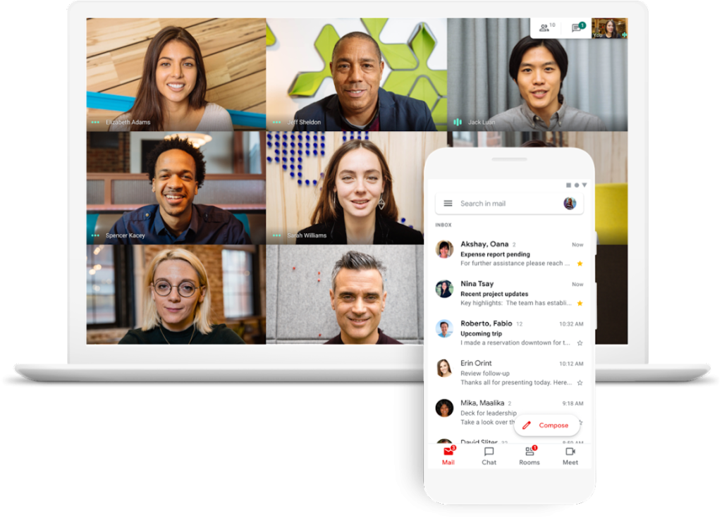 Videoconferencia en grupo con seis participantes y un dispositivo móvil con correo electrónico.
