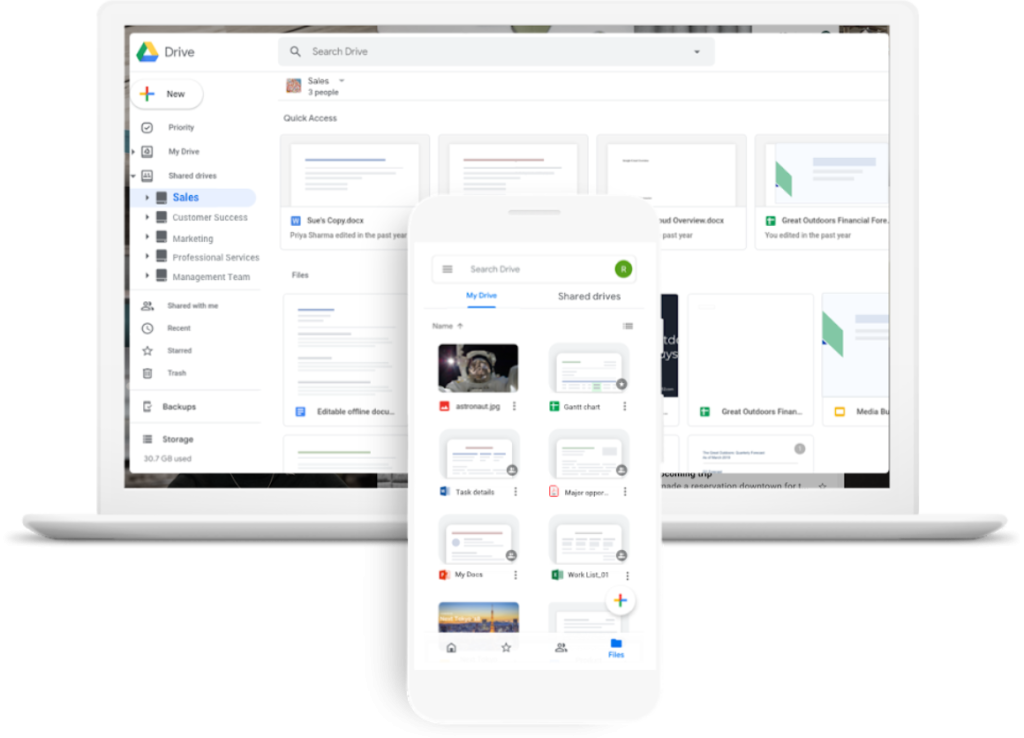 Interfaz de Google Drive mostrando archivos y carpetas en computadora y móvil.