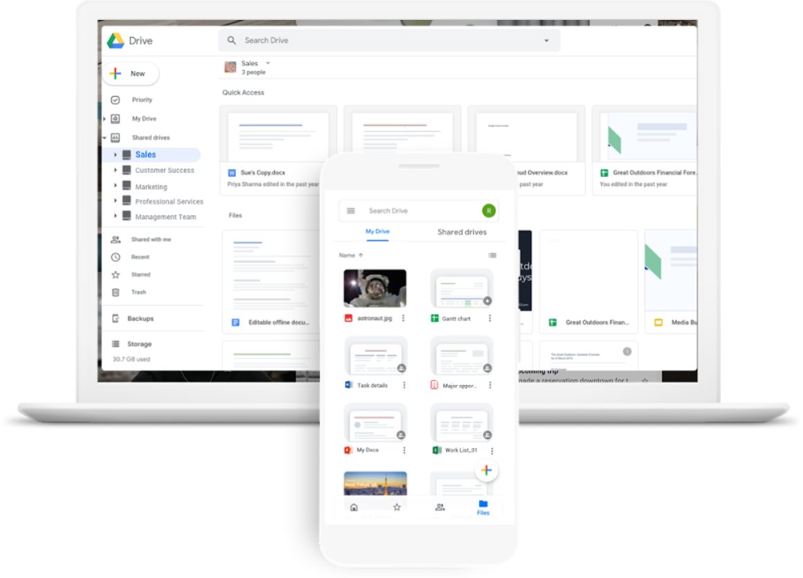 Interfaz de Google Drive mostrando archivos y carpetas en computadora y móvil.