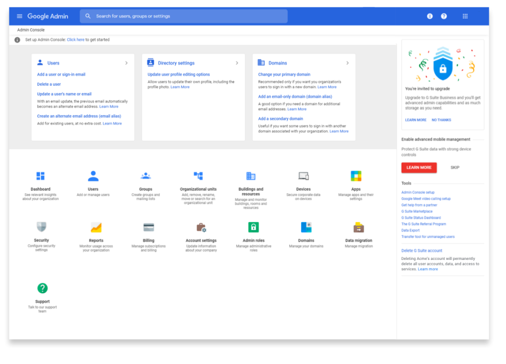 Interfaz de Google Admin mostrando opciones de gestión de usuarios y configuración de dominios.