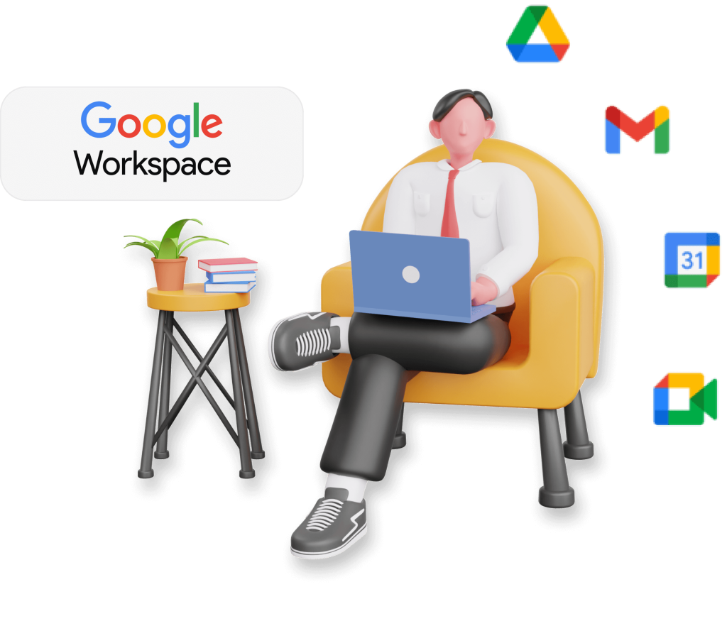 Persona usando Google Workspace en una laptop con iconos de aplicaciones y plantas decorativas.