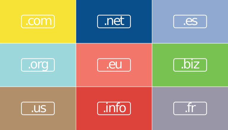 Diferentes extensiones de dominio como .com, .org, .net y más en un collage colorido.