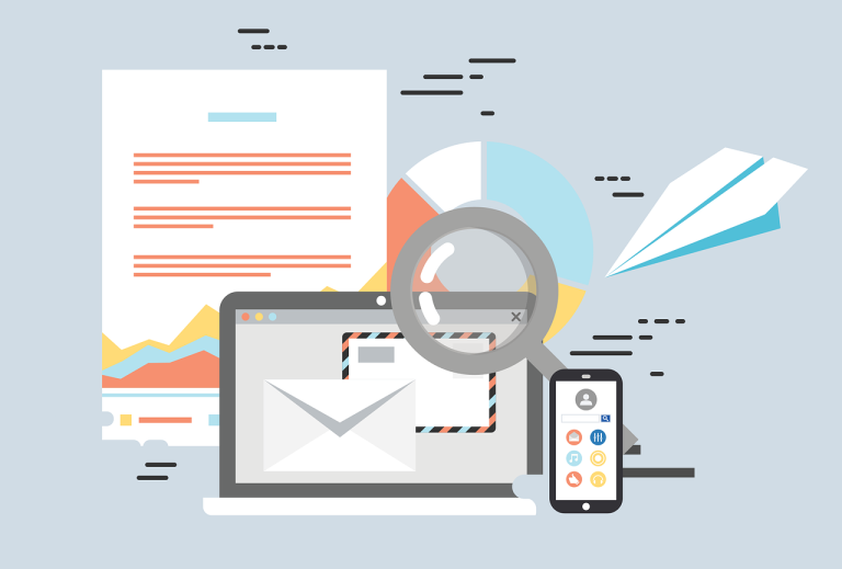 Gráfico ilustrativo de análisis digital con computadora, teléfono y gráficos de datos.