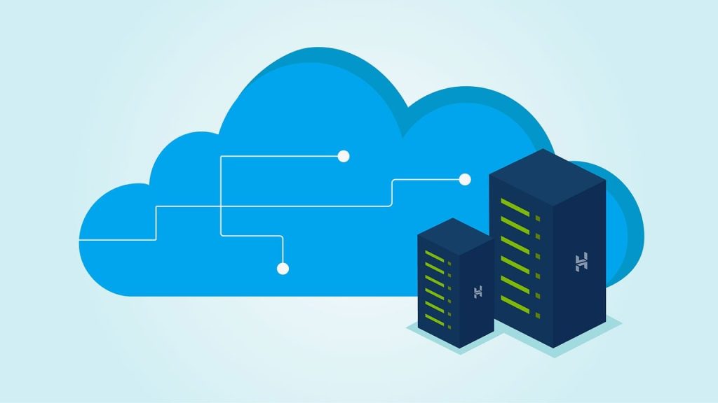 Icono de nube con servidores, representando almacenamiento en la nube y tecnología digital.