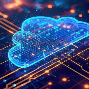 Nube digital con circuitos y datos iluminados, simbolizando almacenamiento en la nube.