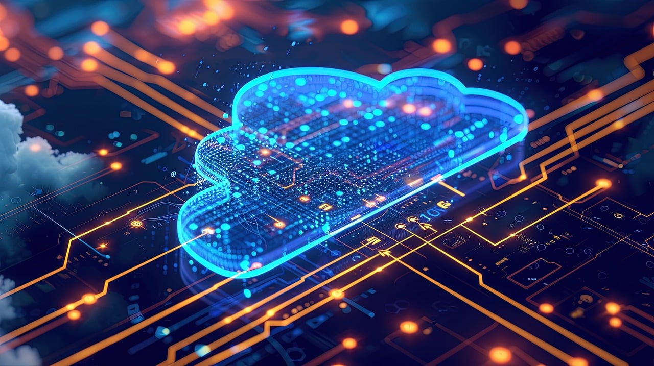 Nube digital con circuitos y datos iluminados, simbolizando almacenamiento en la nube.