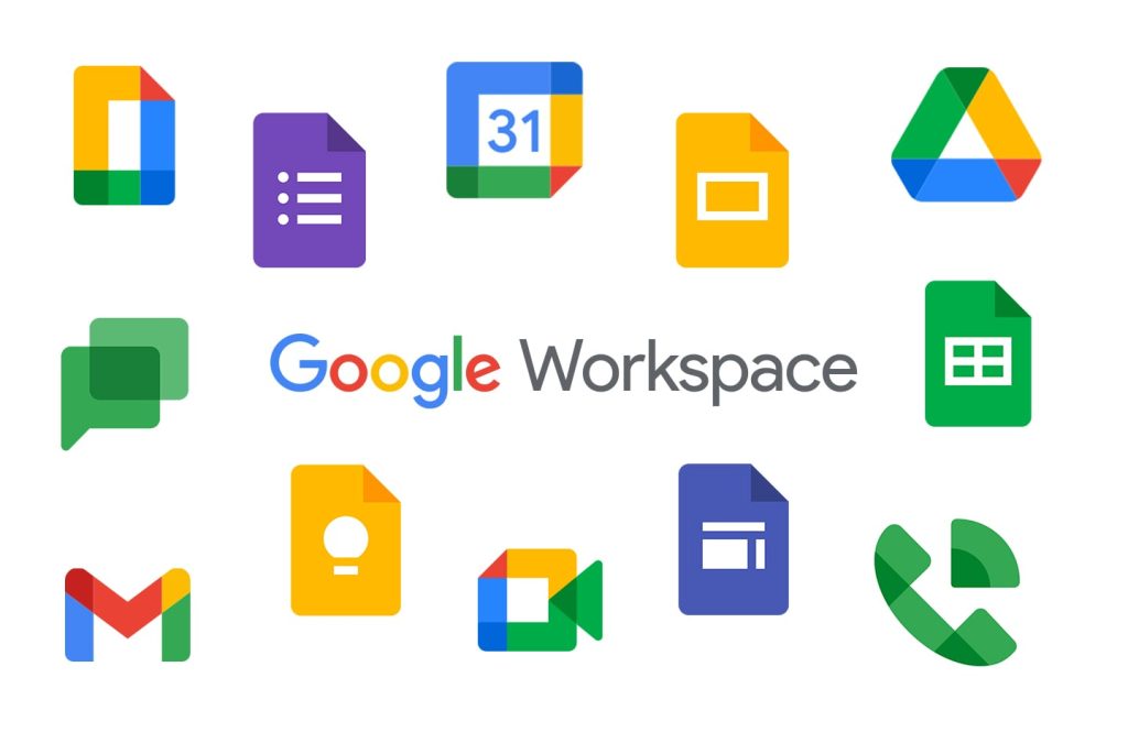 Iconos de Google Workspace que incluyen Gmail, Drive, Docs y más herramientas colaborativas.