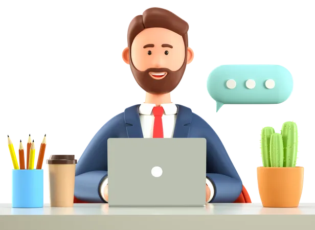 Hombre de negocios sonriente trabajando en laptop con decoración de oficina moderna.