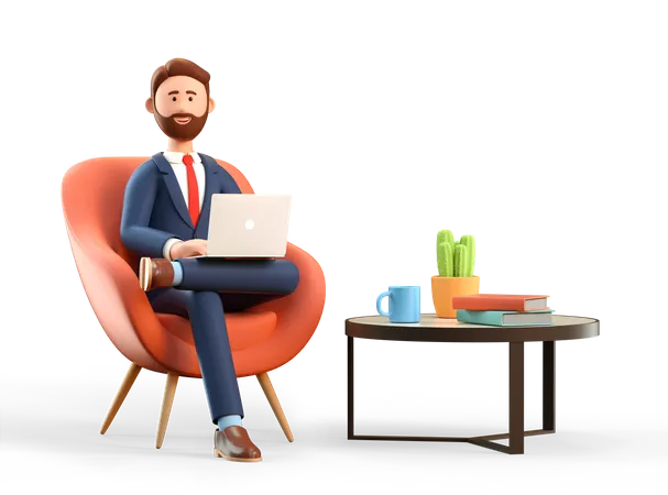 Hombre de negocios trabajando en laptop desde un cómodo sillón en un ambiente moderno.