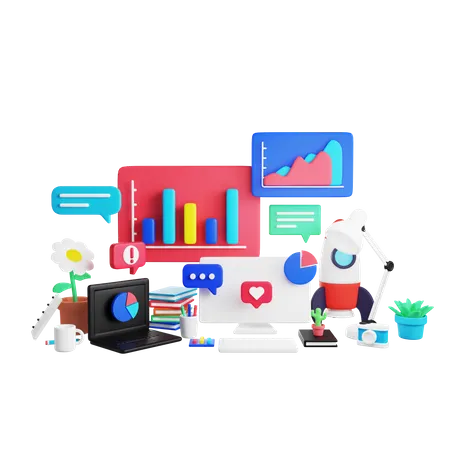 Elementos visuales de análisis de datos y marketing digital en un entorno de trabajo creativo.