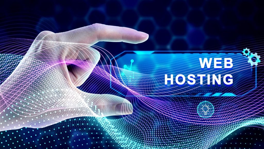 Mano señalando un botón de web hosting sobre un fondo digital y colorido.