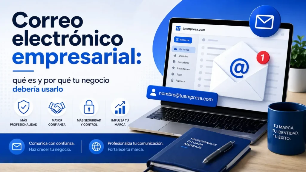 Correo electrónico empresarial en laptop profesional con entorno corporativo moderno