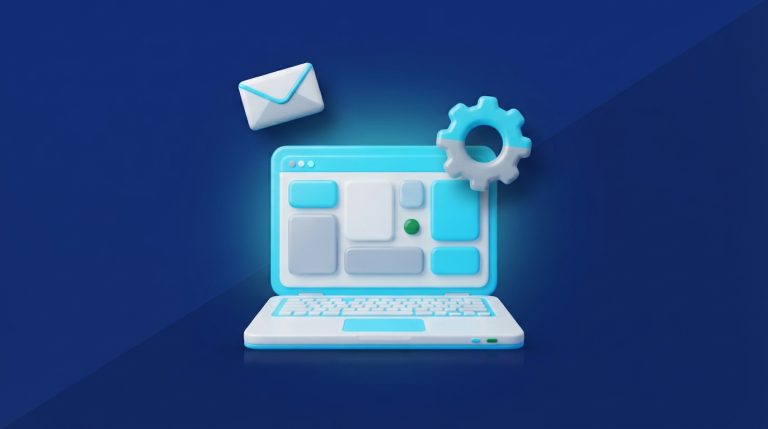 Ilustración 3D de una laptop con interfaz de correo y un engrane sobre fondo azul
