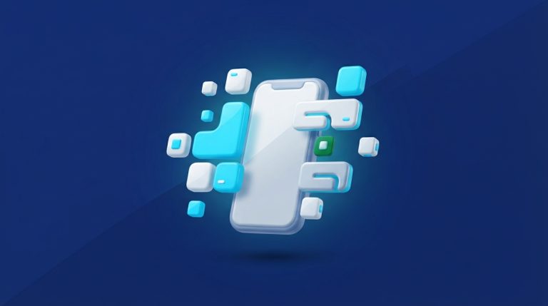 Ilustración 3D de un smartphone con módulos de aplicación flotantes sobre fondo azul