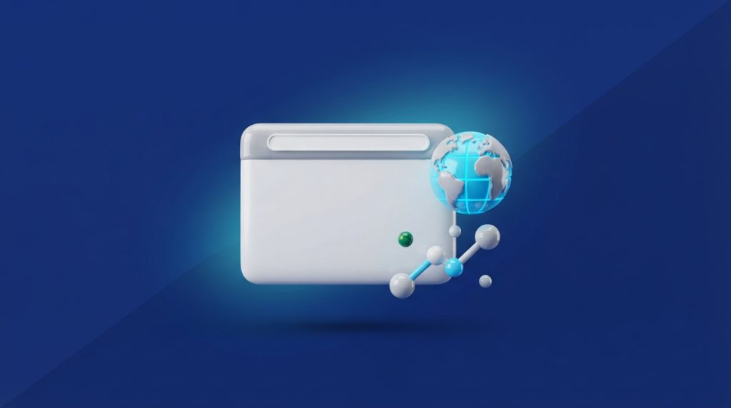 Ilustración 3D de un navegador web con un globo terráqueo y nodos conectados sobre fondo azul