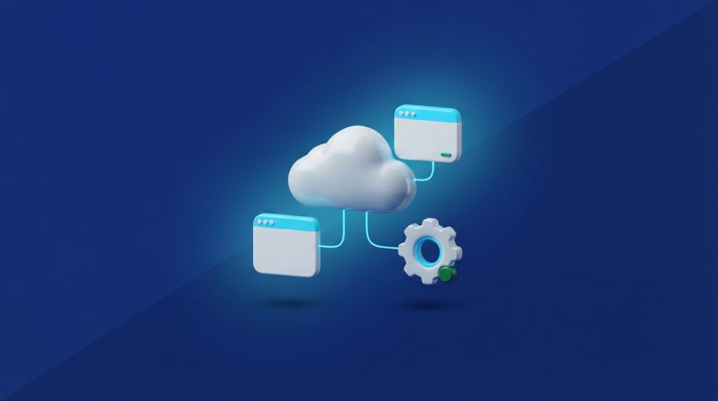 Ilustración 3D de una nube conectada por líneas a ventanas de navegador y un engrane