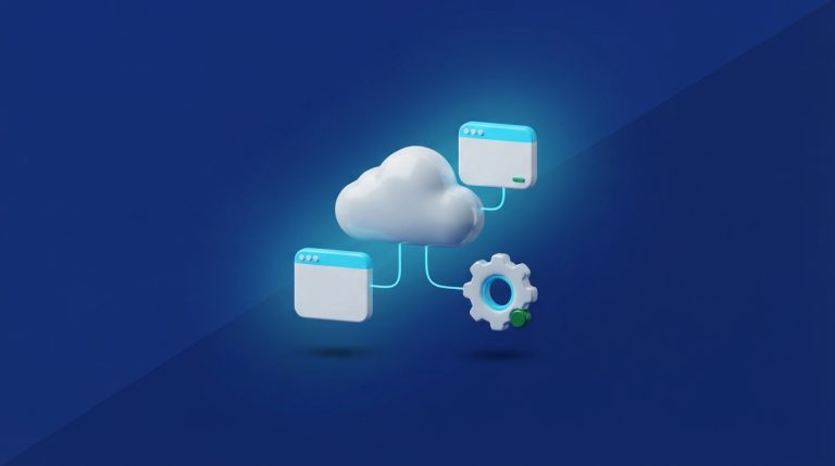 Ilustración 3D de una nube conectada por líneas a ventanas de navegador y un engrane