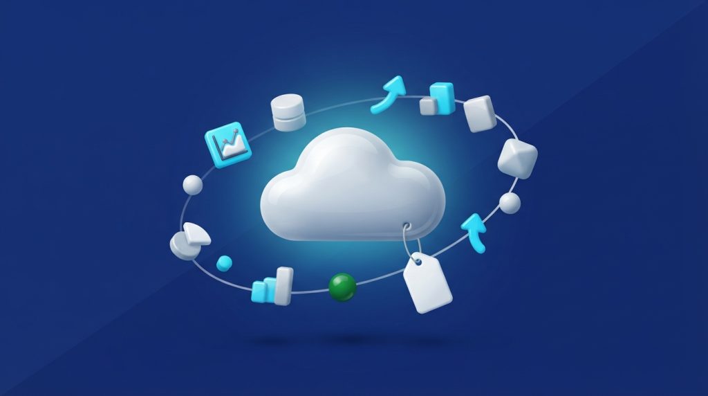 Ilustración 3D de una nube con una etiqueta de precio y aplicaciones orbitando