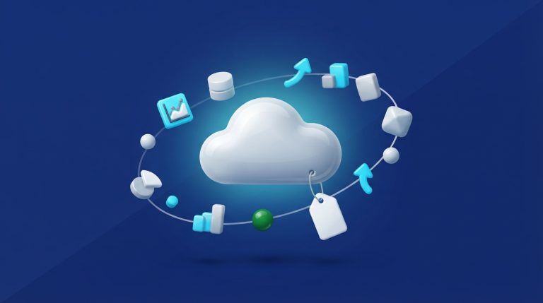 Ilustración 3D de una nube con una etiqueta de precio y aplicaciones orbitando